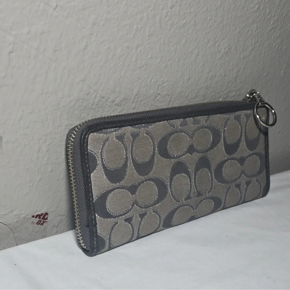 Coach Poppy Gray Black Signature Canvas Long Zip Around Accordion Wallet Y2K
